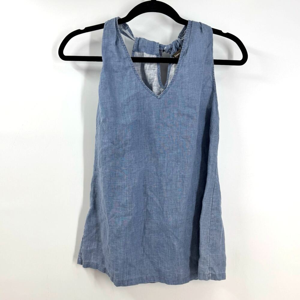 Tommy Bahama 100% Linen Top Blouse S Blue Sleeveless Tie Neck Lagenlook Coastal